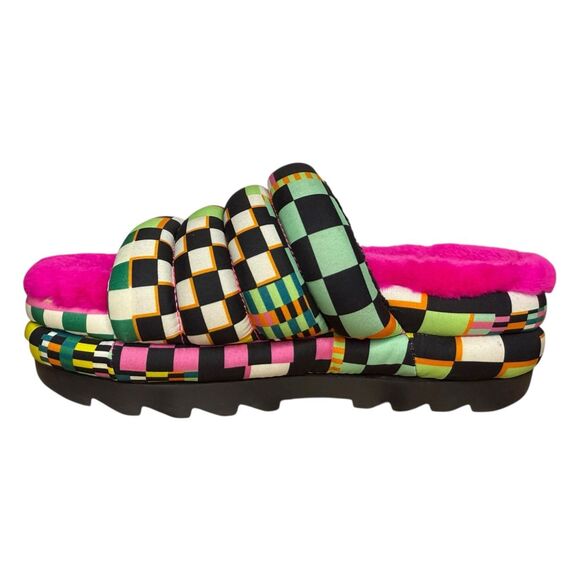 UGG Women’s 7 Maxi Checks Platform Slide Sandals Sheepskin Colorful Pink Fur - Picture 4 of 7